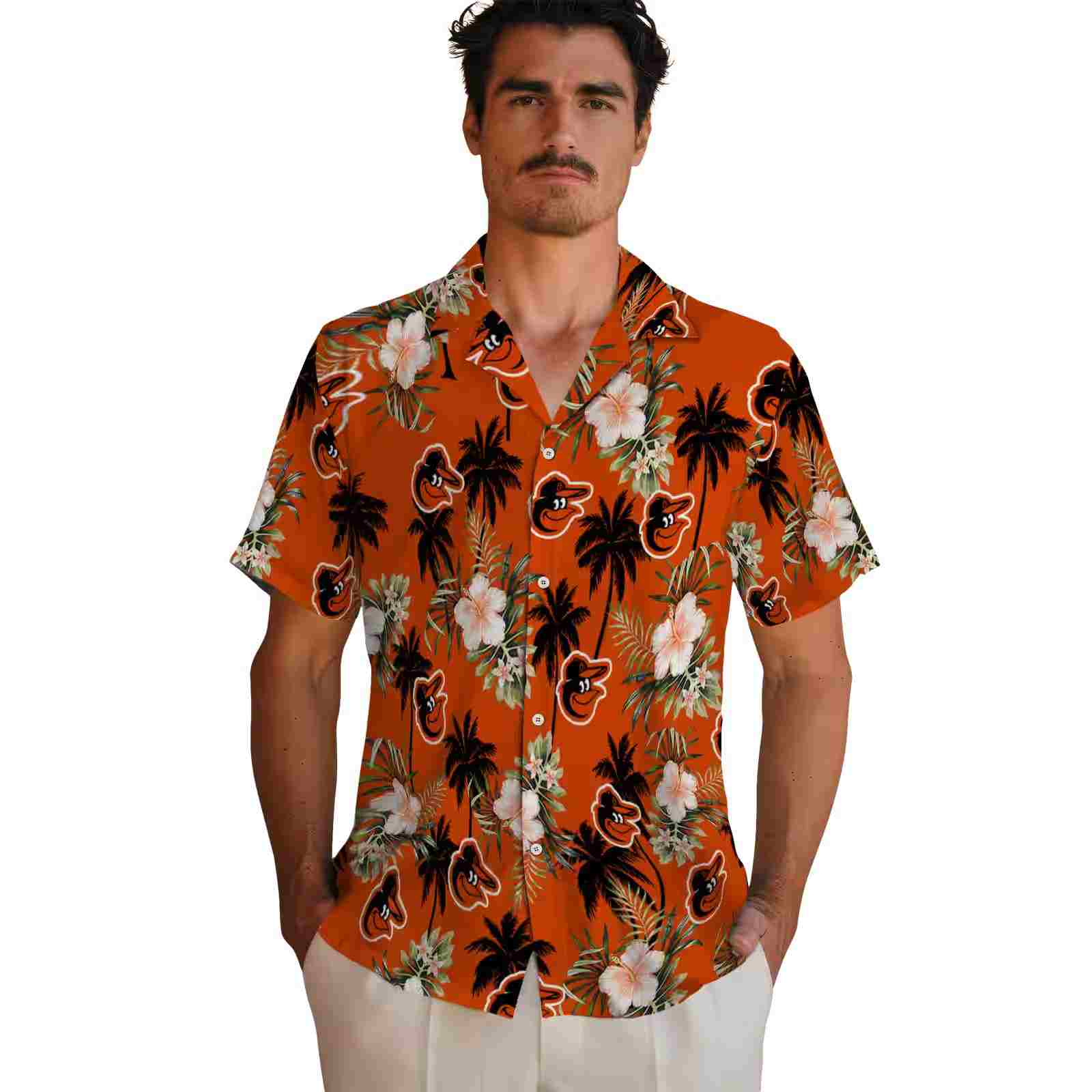 baltimore orioles palm tree flower orange hawaiian shirt fashion forward