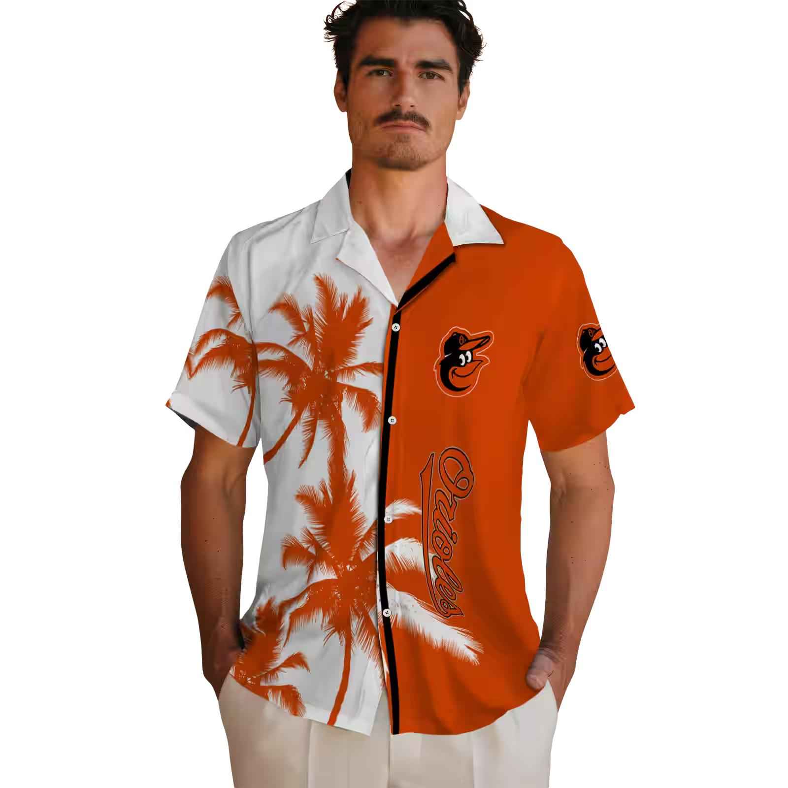 baltimore orioles palm trees orange white hawaiian shirt fashion forward