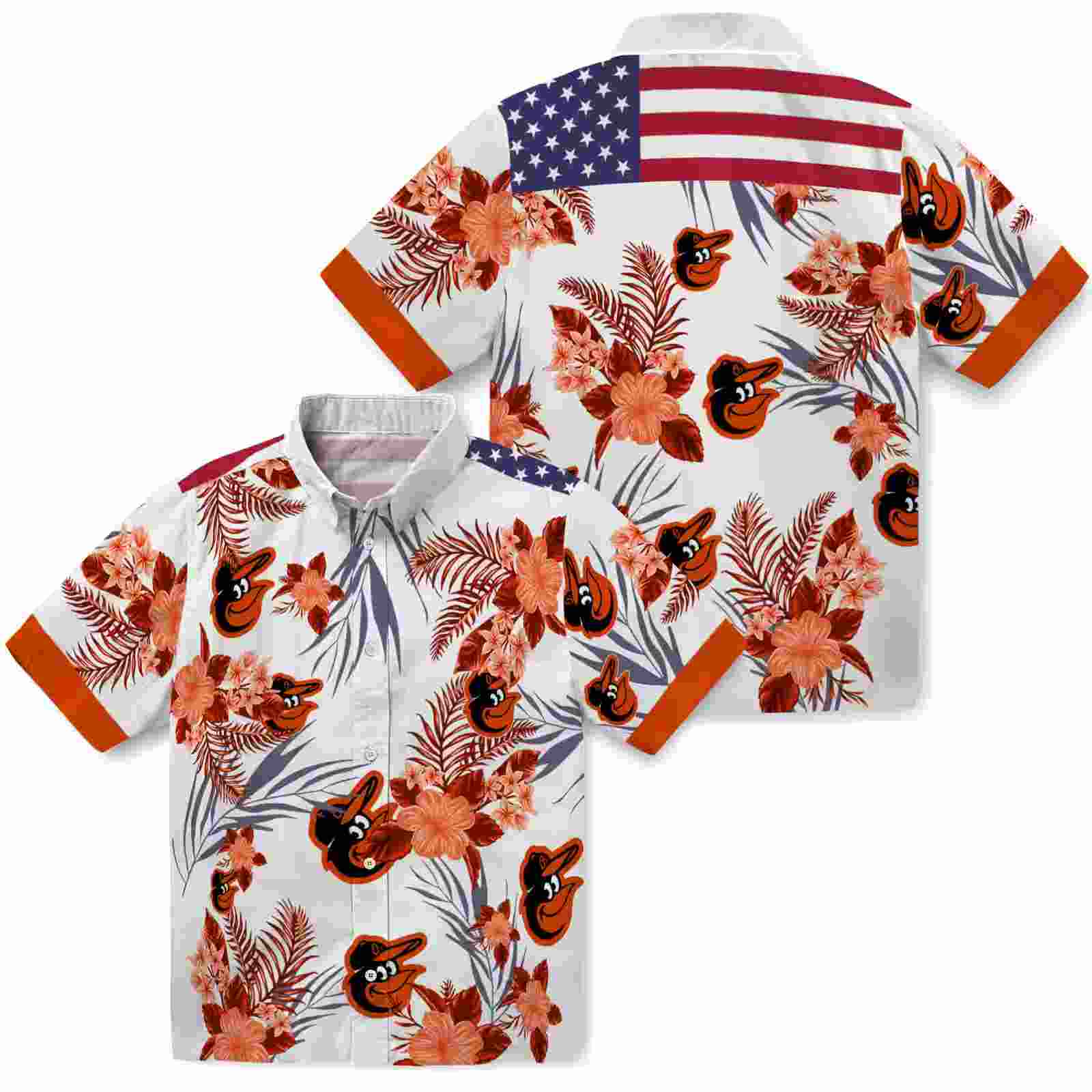 baltimore orioles patriotic hibiscus design orange white hawaiian shirt high quality