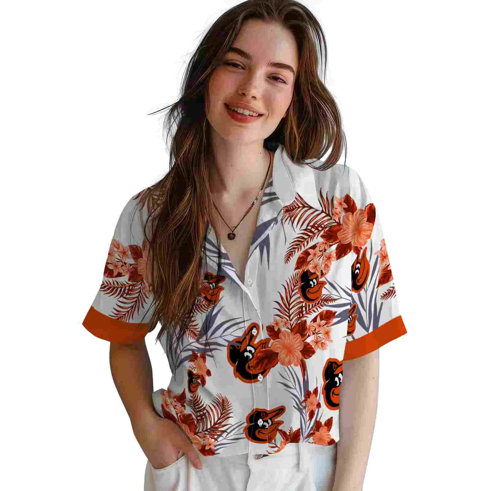 baltimore orioles patriotic hibiscus design orange white hawaiian shirt latest model