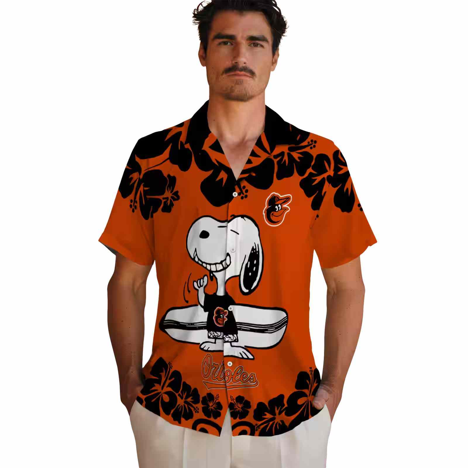 baltimore orioles snoopy surf orange white hawaiian shirt fashion forward