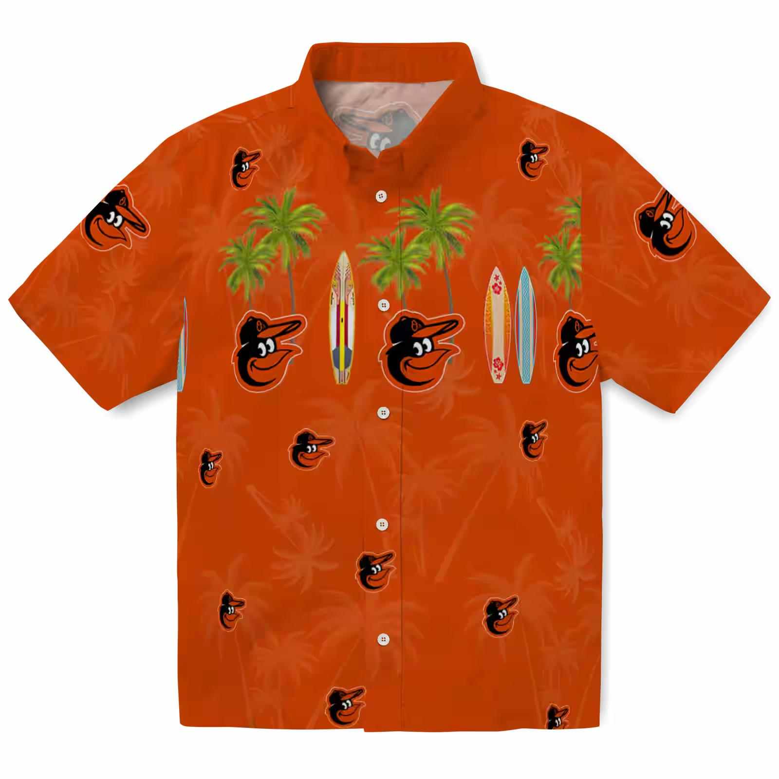 Baltimore Orioles Surfboard Palm Orange Hawaiian Shirt