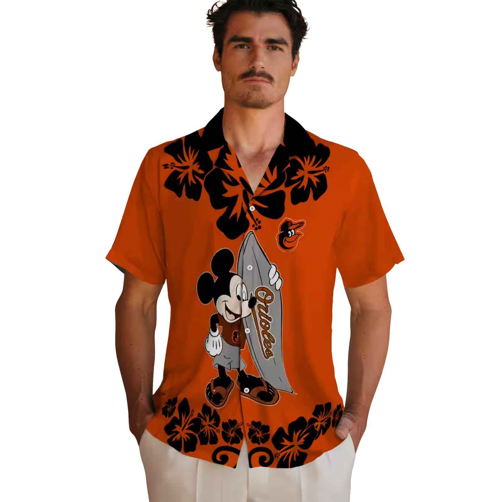 baltimore orioles surfing mickey orange hawaiian shirt fashion forward