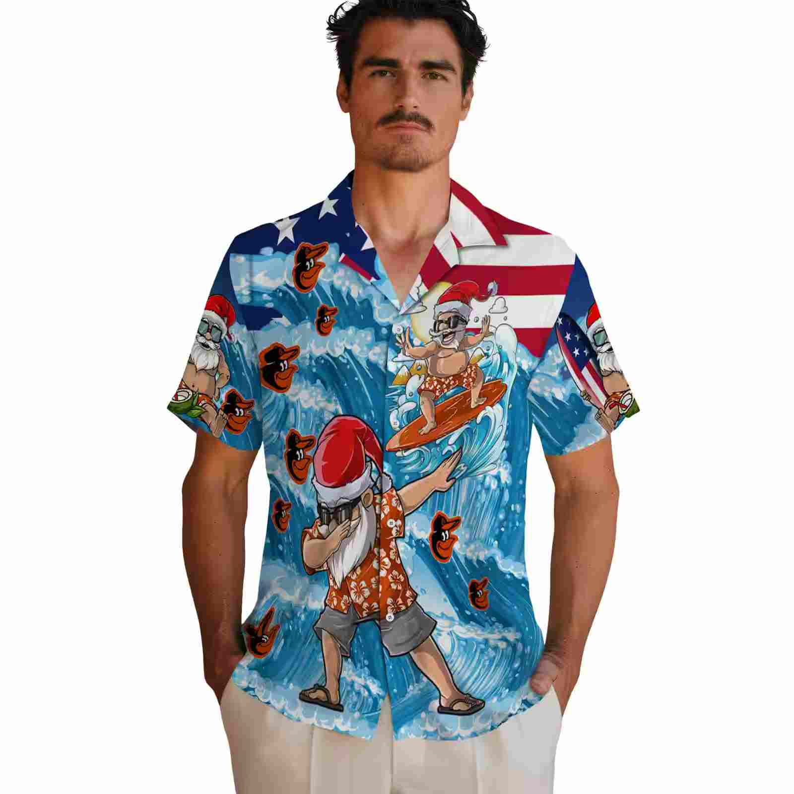 baltimore orioles surfing santa blue hawaiian shirt fashion forward