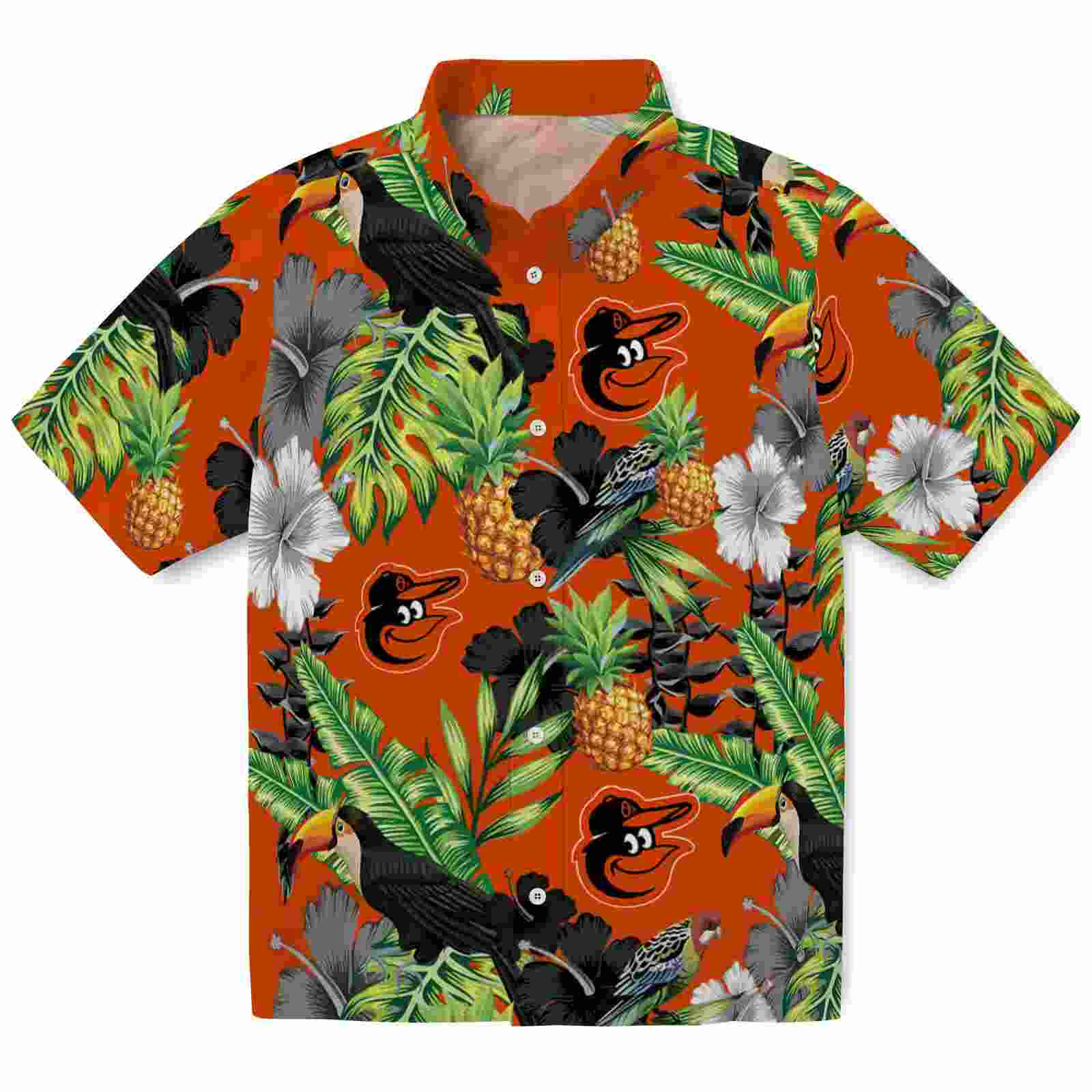 Baltimore Orioles Toucan Hibiscus Pineapple Orange Green Hawaiian Shirt