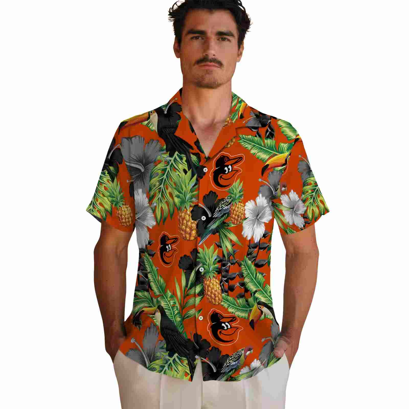 baltimore orioles toucan hibiscus pineapple orange green hawaiian shirt fashion forward