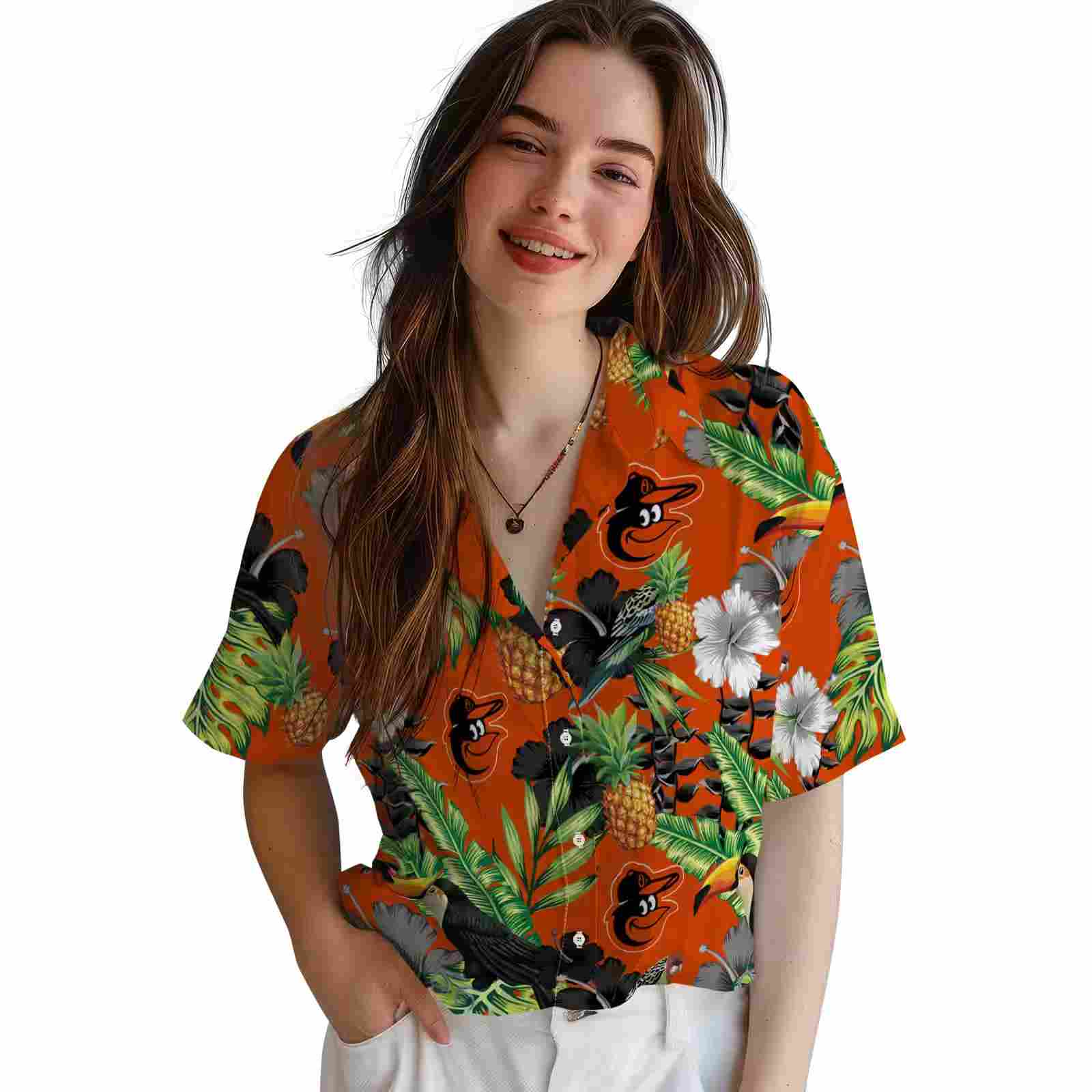 baltimore orioles toucan hibiscus pineapple orange green hawaiian shirt latest model