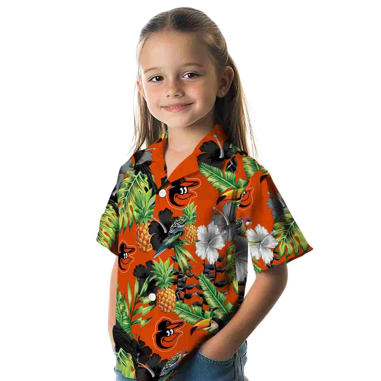 baltimore orioles toucan hibiscus pineapple orange green hawaiian shirt premium grade