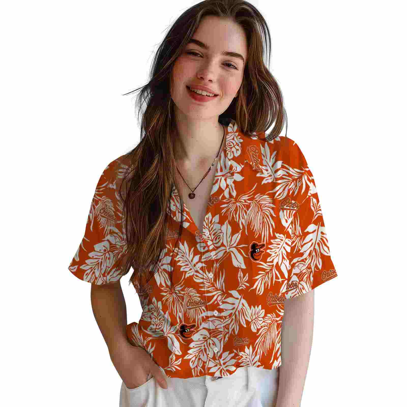 baltimore orioles tropical leaf orange white hawaiian shirt latest model