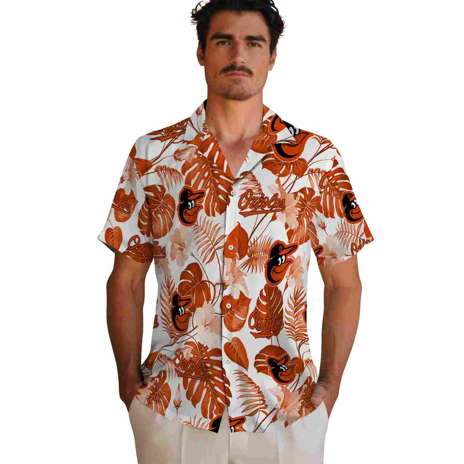 baltimore orioles tropical plants orange white hawaiian shirt fashion forward