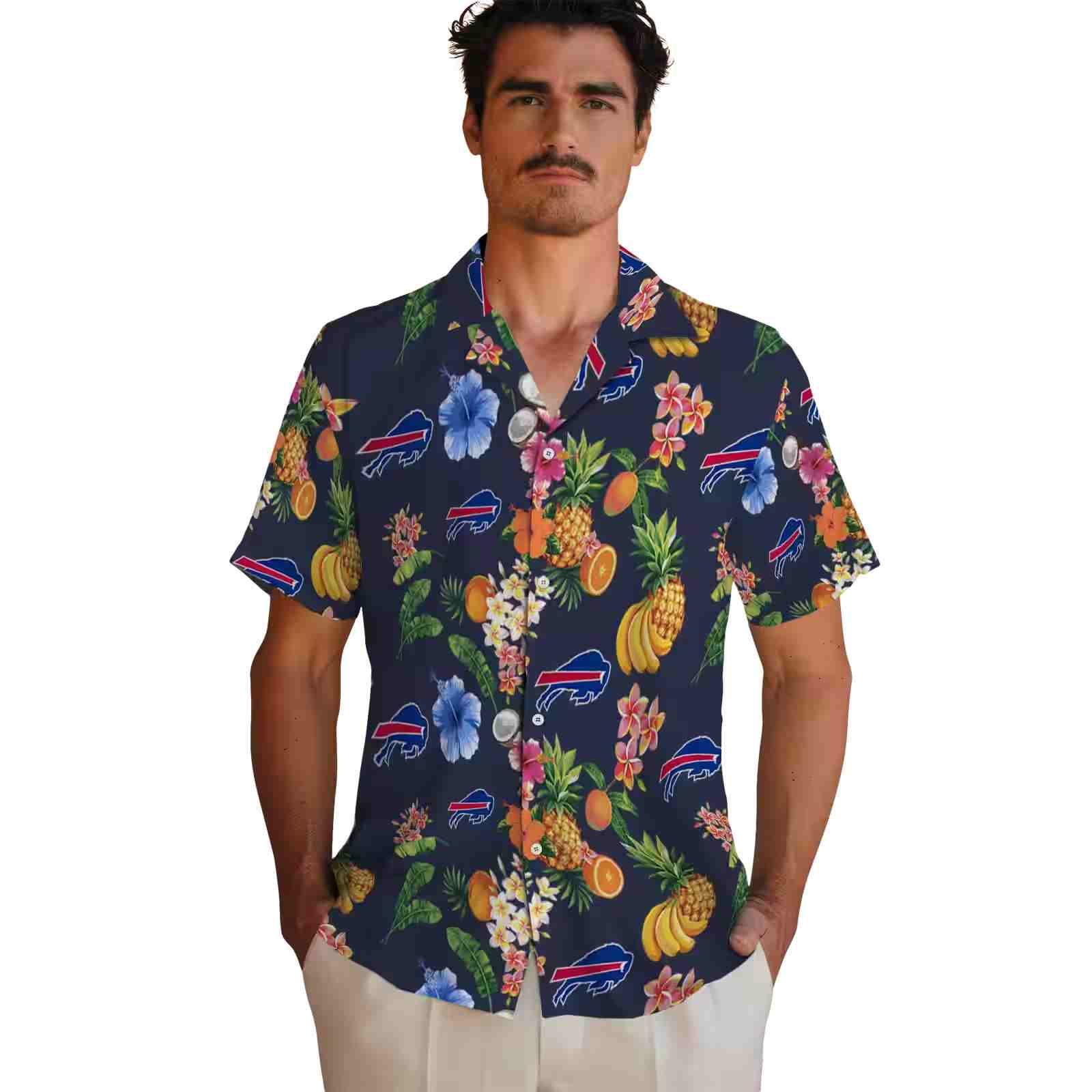 buffalo bills hibiscus and fruit navy blue hawaiian shirt fashion forward