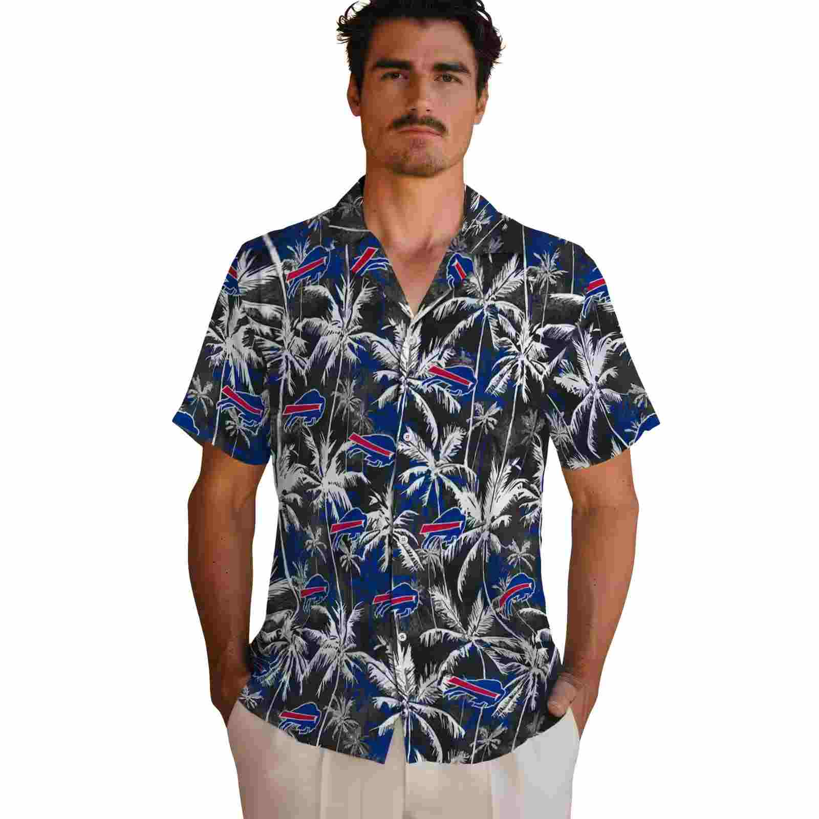 buffalo bills palm pattern blue black hawaiian shirt fashion forward