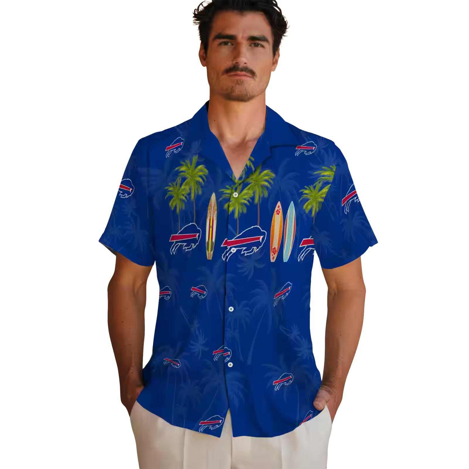 buffalo bills surfboard palm blue hawaiian shirt fashion forward