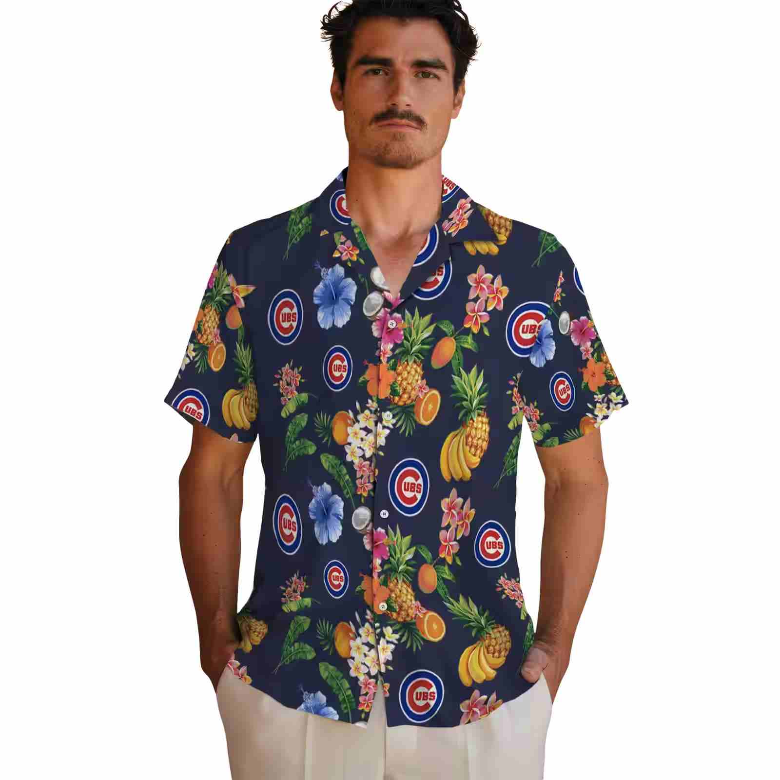 chicago cubs hibiscus and fruit navy blue hawaiian shirt fashion forward