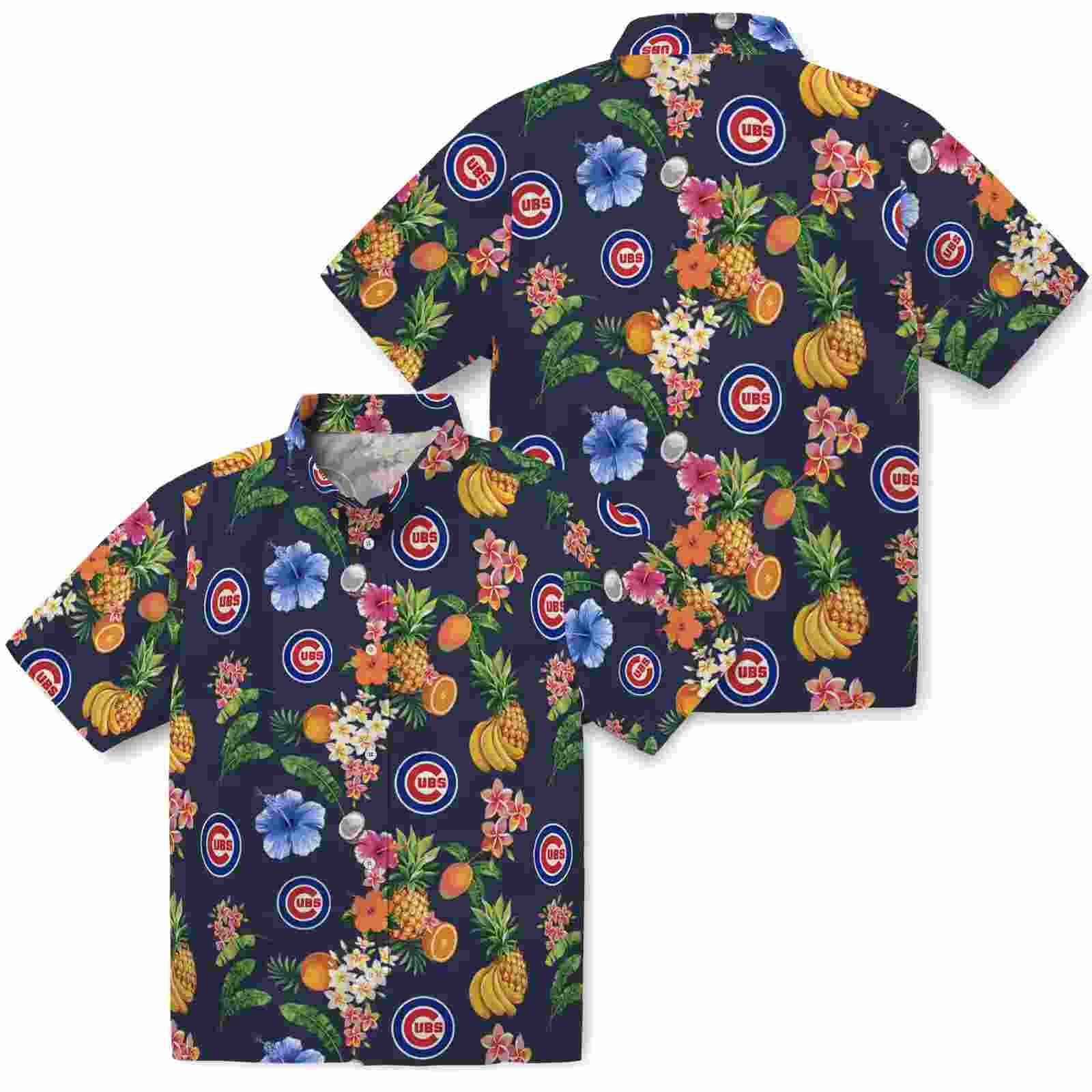 chicago cubs hibiscus and fruit navy blue hawaiian shirt high quality