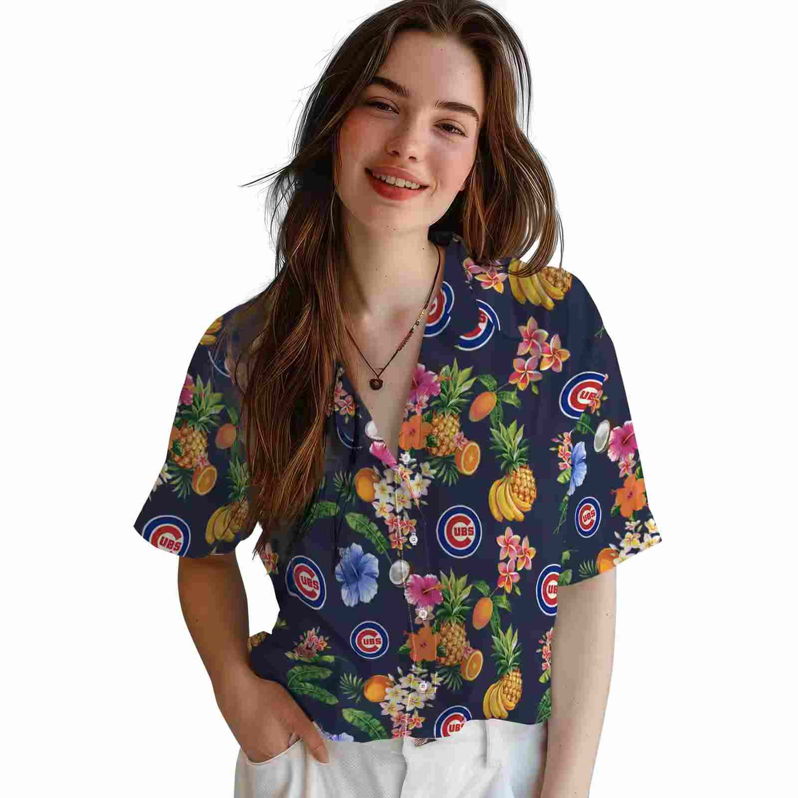 chicago cubs hibiscus and fruit navy blue hawaiian shirt latest model