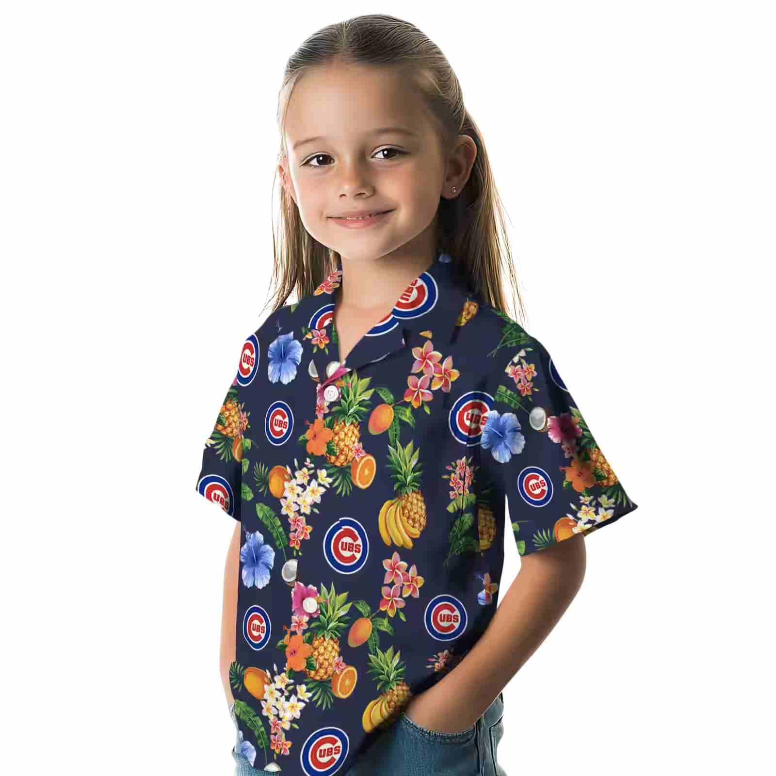 chicago cubs hibiscus and fruit navy blue hawaiian shirt premium grade