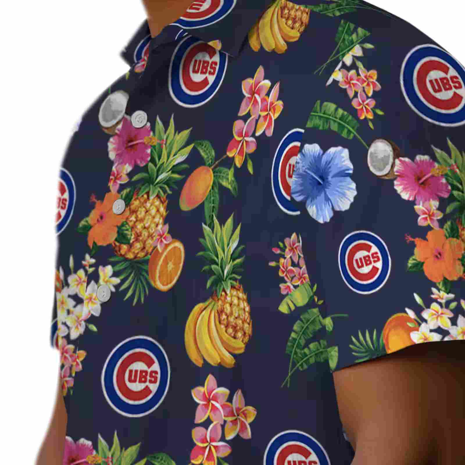 chicago cubs hibiscus and fruit navy blue hawaiian shirt trendy