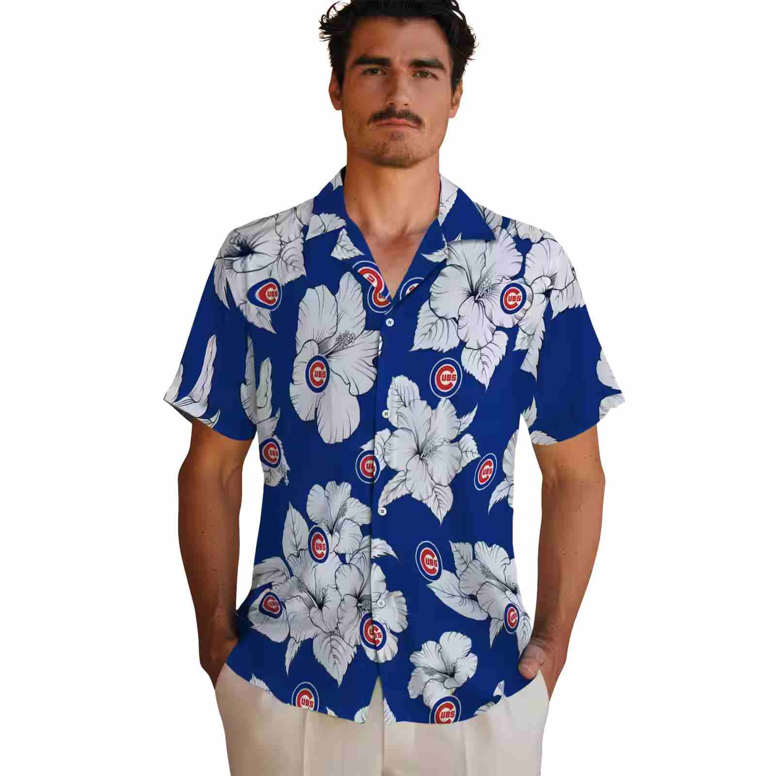 chicago cubs hibiscus blooms blue white hawaiian shirt fashion forward