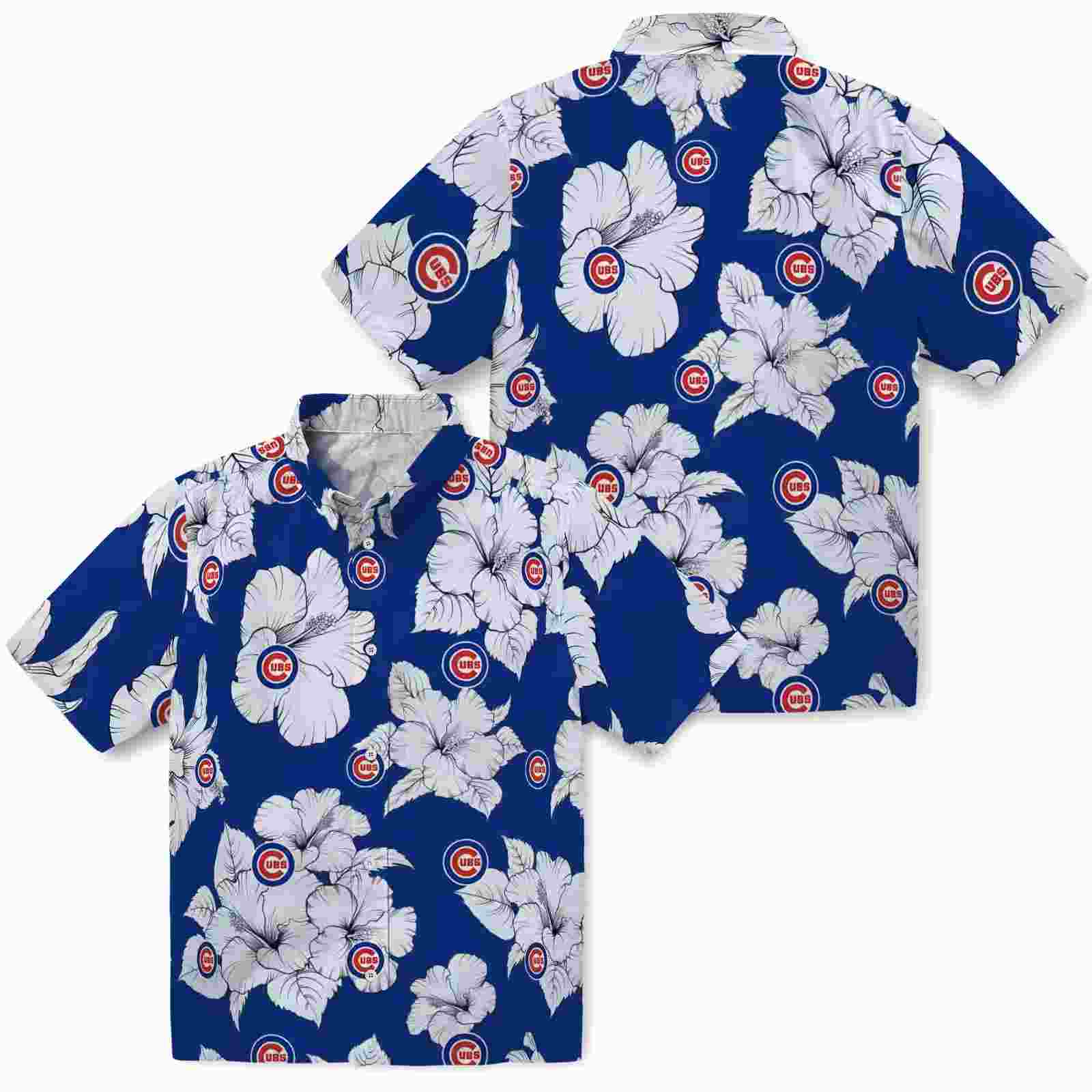 chicago cubs hibiscus blooms blue white hawaiian shirt high quality