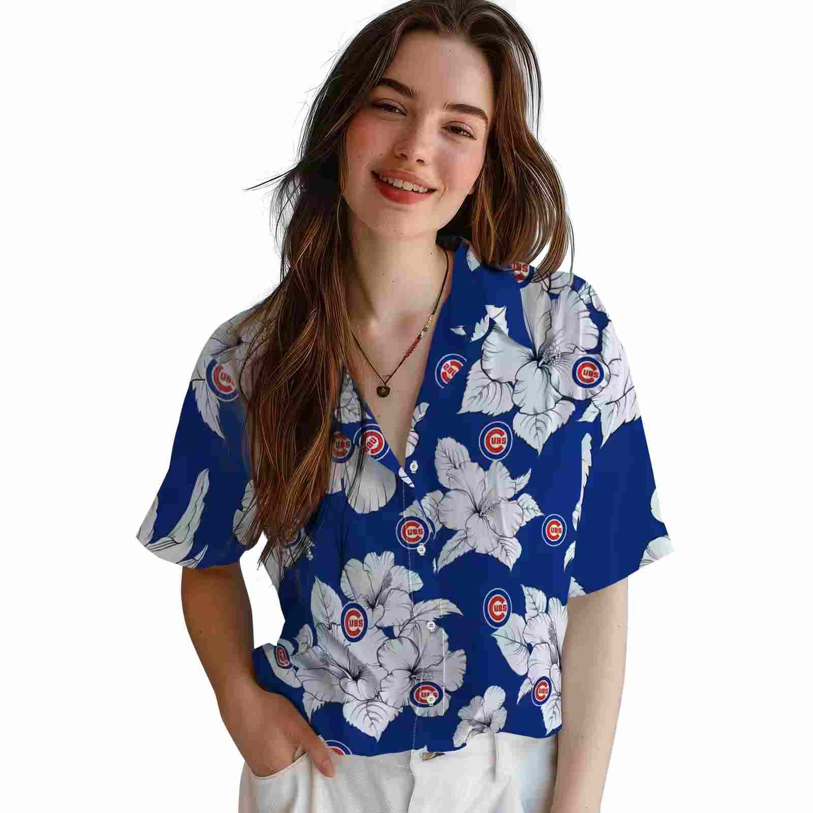 chicago cubs hibiscus blooms blue white hawaiian shirt latest model