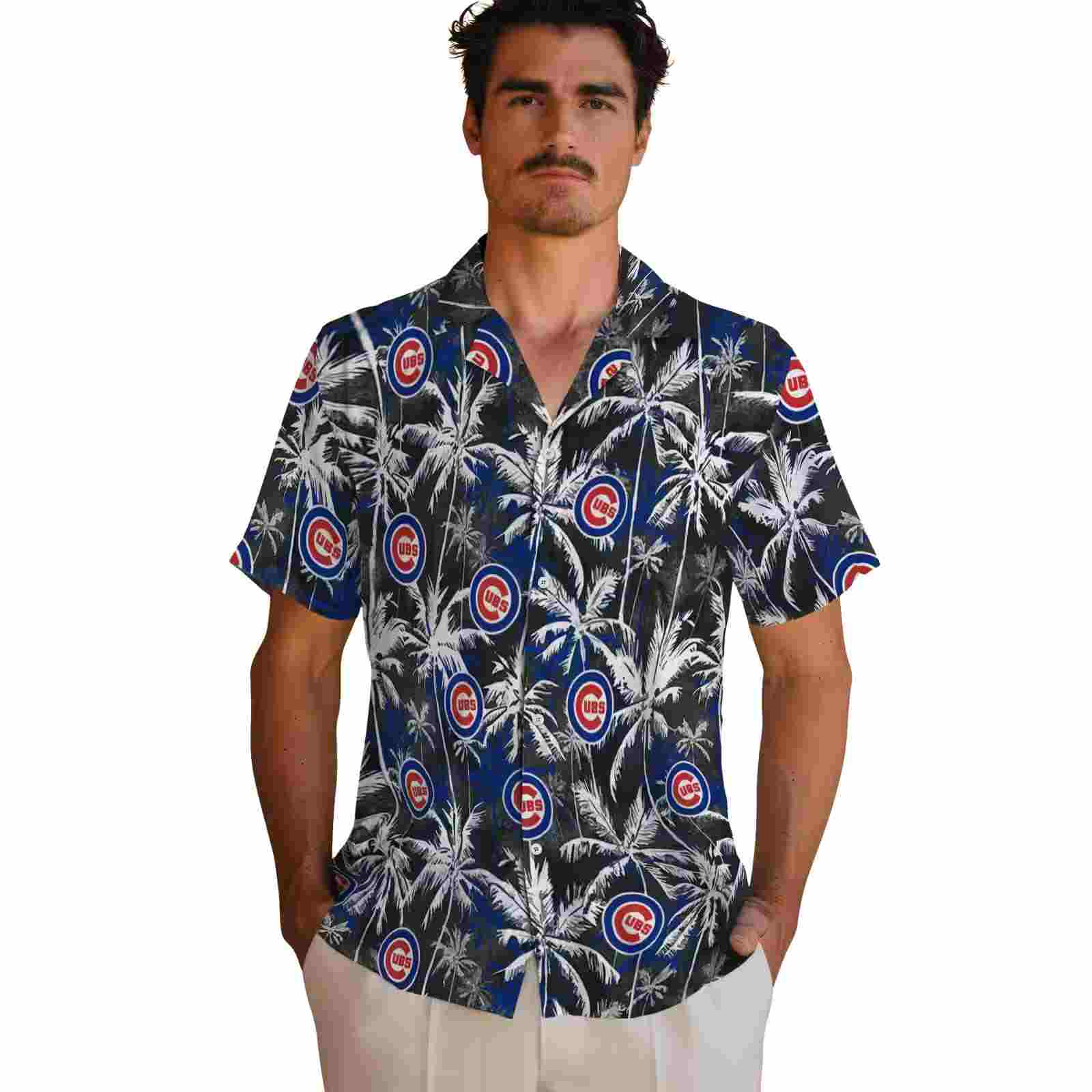 chicago cubs palm pattern blue black hawaiian shirt fashion forward