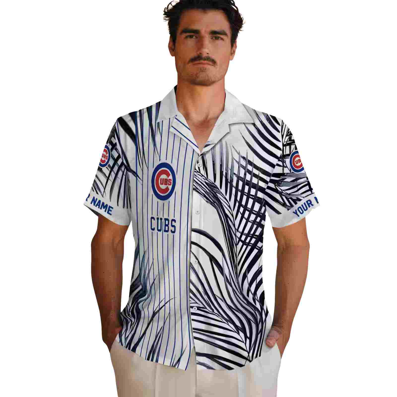 chicago cubs palm stripes blue black white hawaiian shirt fashion forward