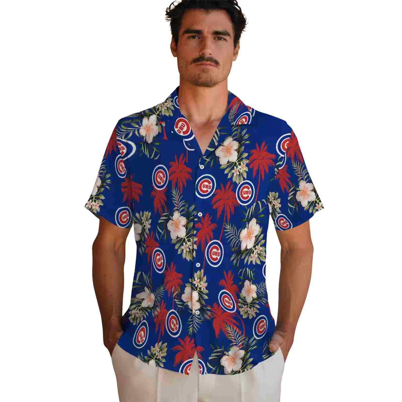 chicago cubs palm tree flower blue hawaiian shirt fashion forward