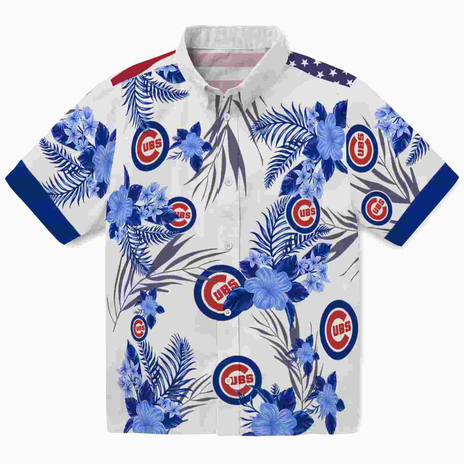 Chicago Cubs Patriotic Hibiscus Design Blue White Hawaiian Shirt