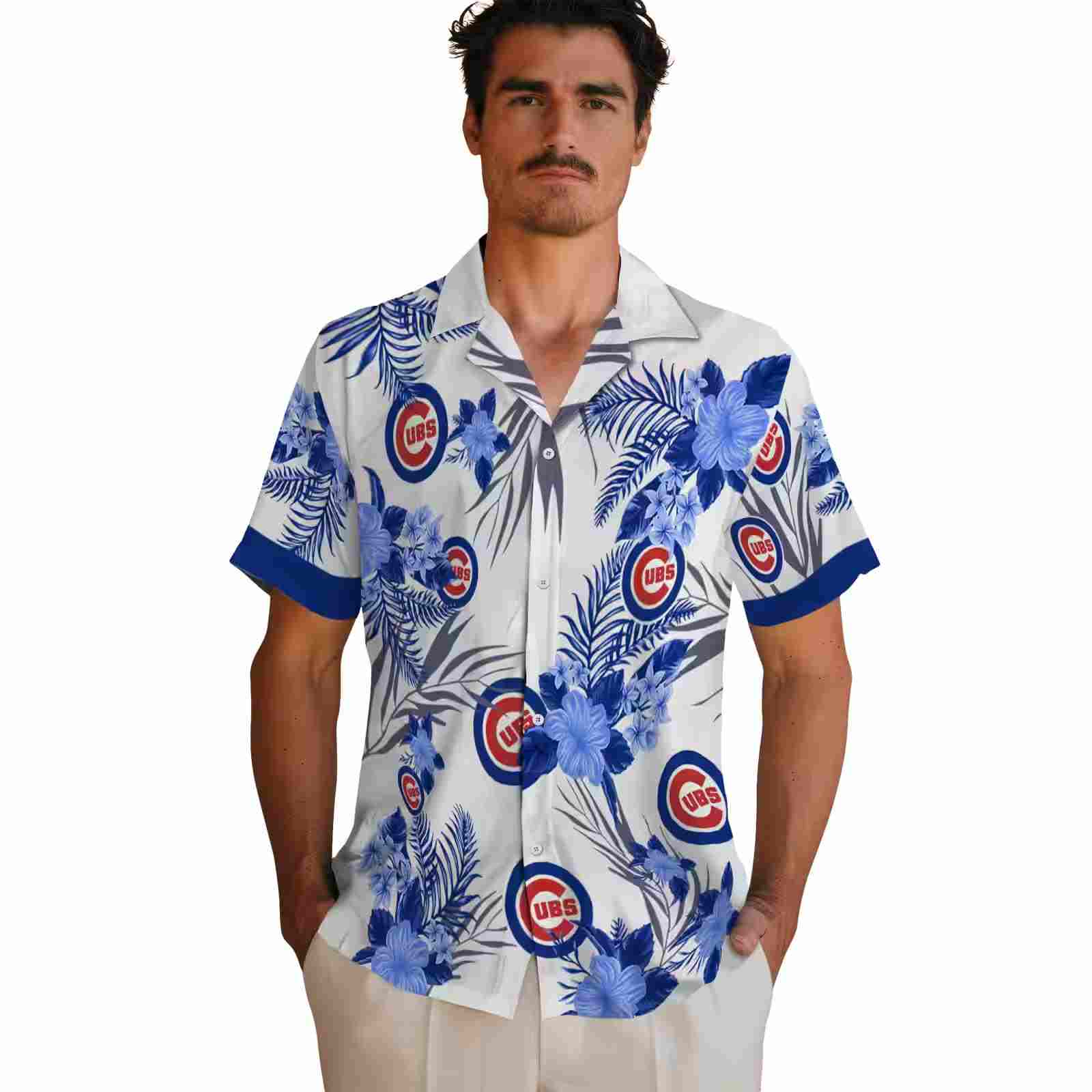 chicago cubs patriotic hibiscus design blue white hawaiian shirt fashion forward