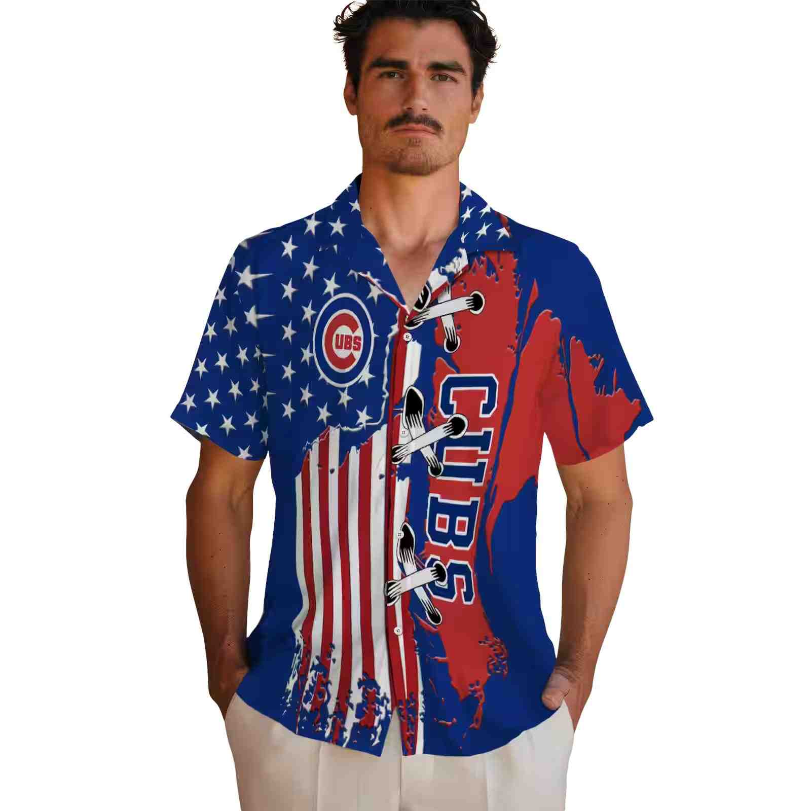 chicago cubs stitched flag blue hawaiian shirt fashion forward