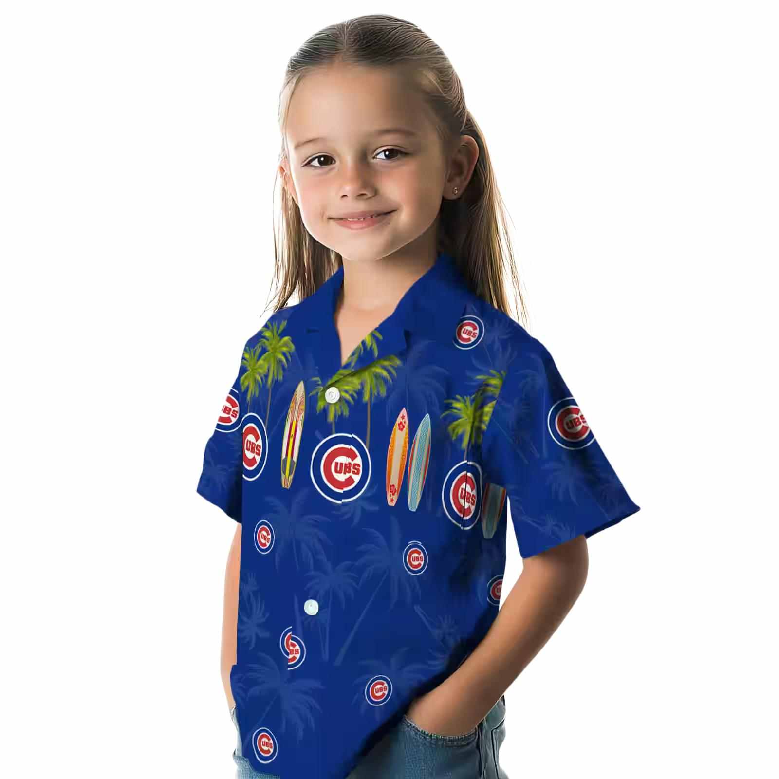 chicago cubs surfboard palm blue hawaiian shirt premium grade