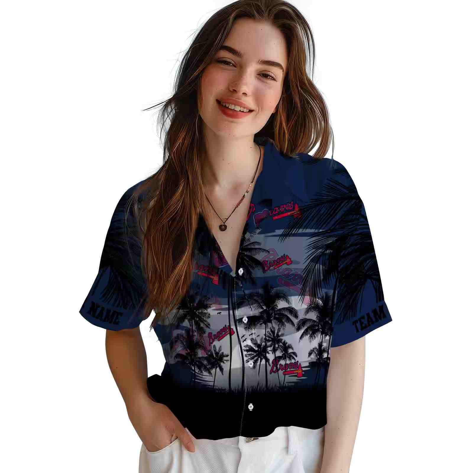 custom atlanta braves sunset scene navy black hawaiian shirt latest model