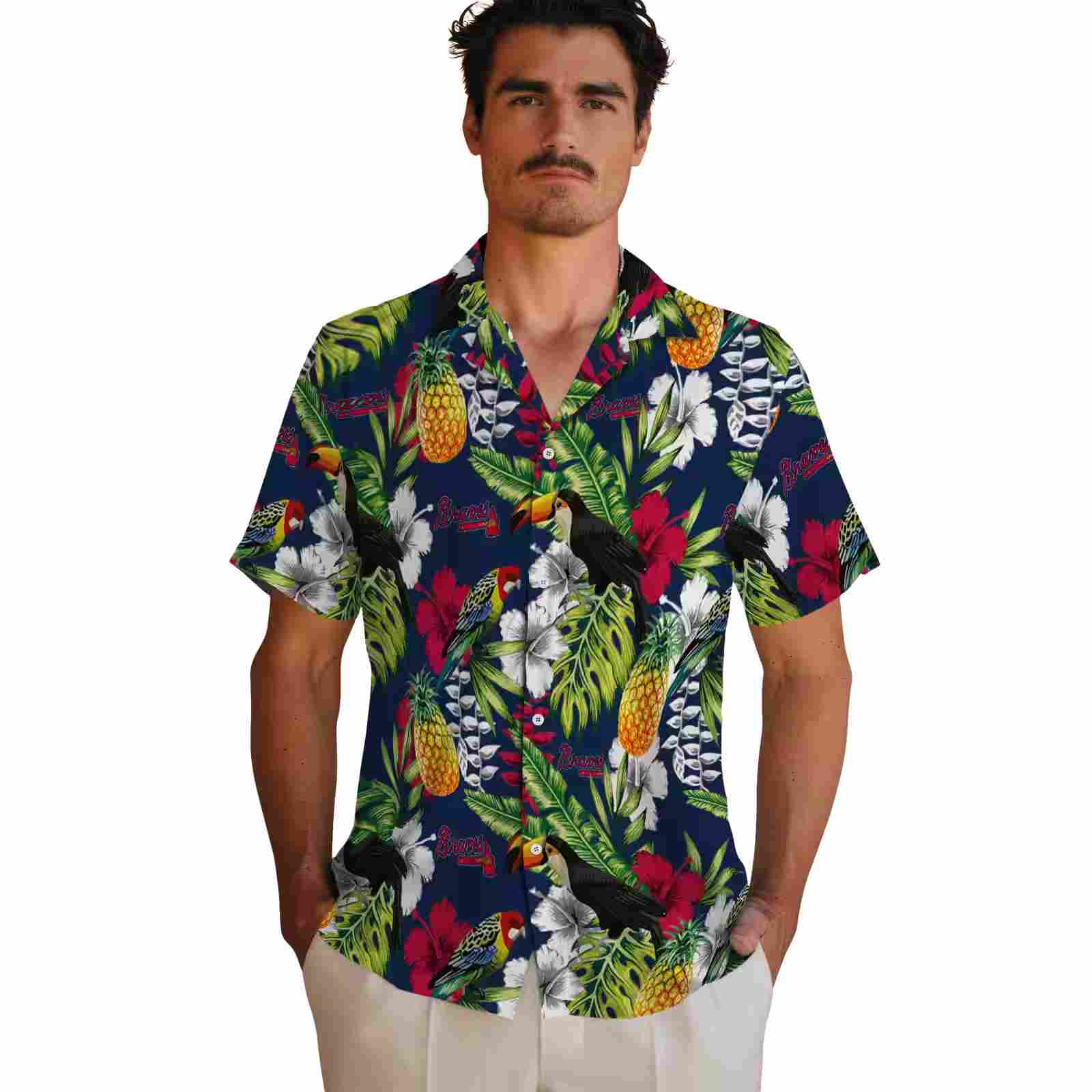 custom atlanta braves tropical toucan navy green hawaiian shirt fashion forward