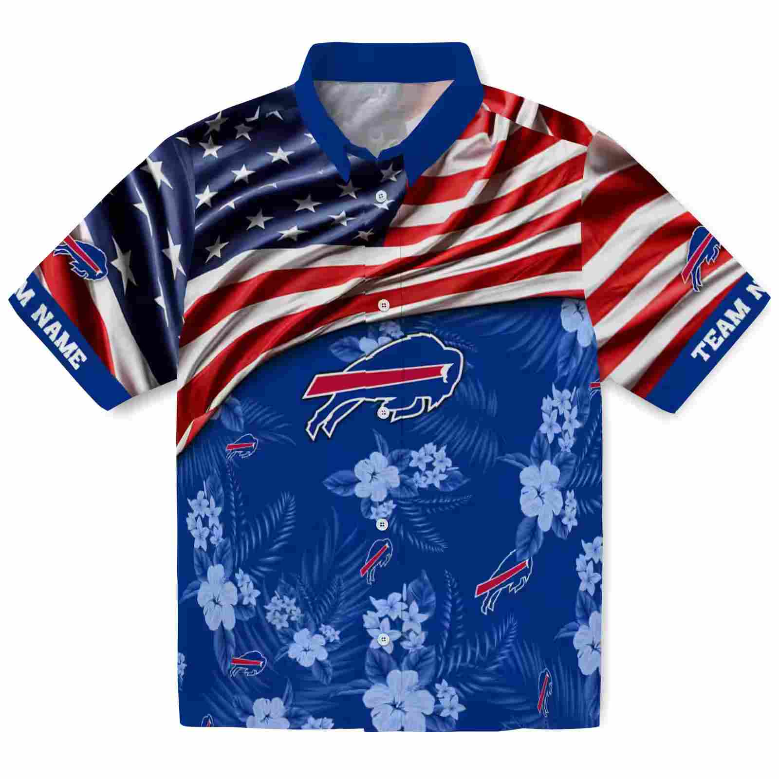 Custom Buffalo Bills US Flag Hibiscus Blue Hawaiian Shirt