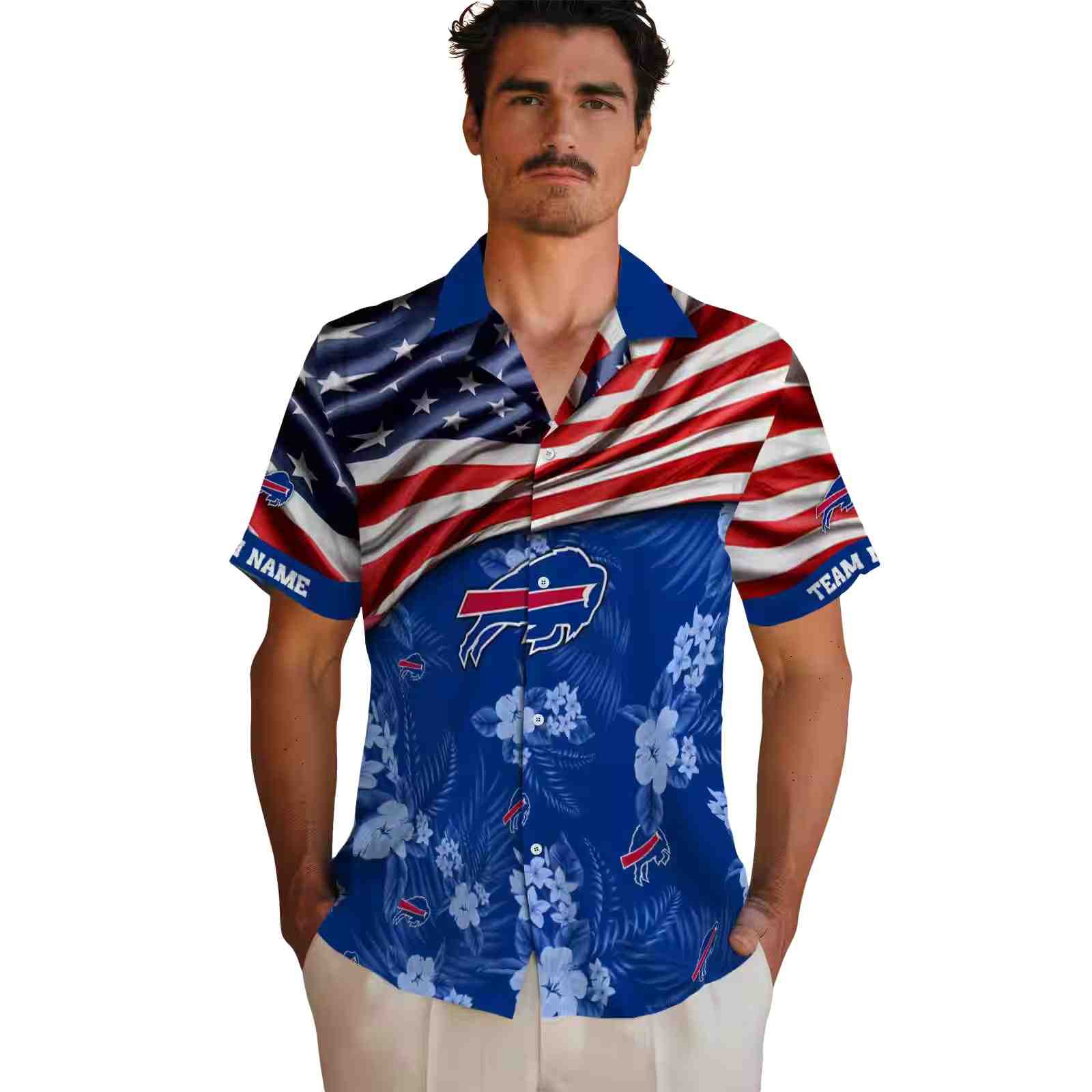 custom buffalo bills us flag hibiscus blue hawaiian shirt fashion forward