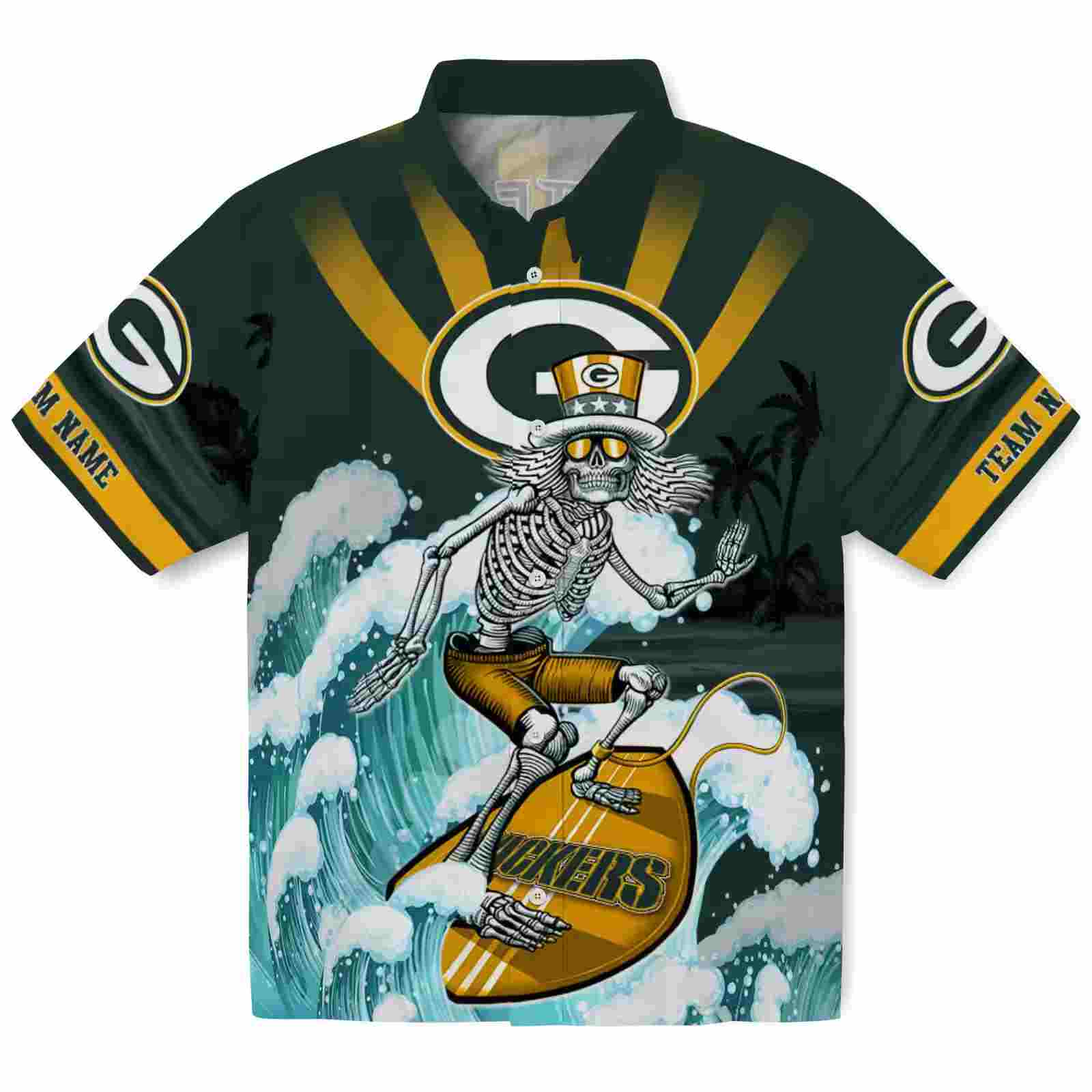 Custom Green Bay Packers Surfing Skeleton Green Blue Hawaiian Shirt