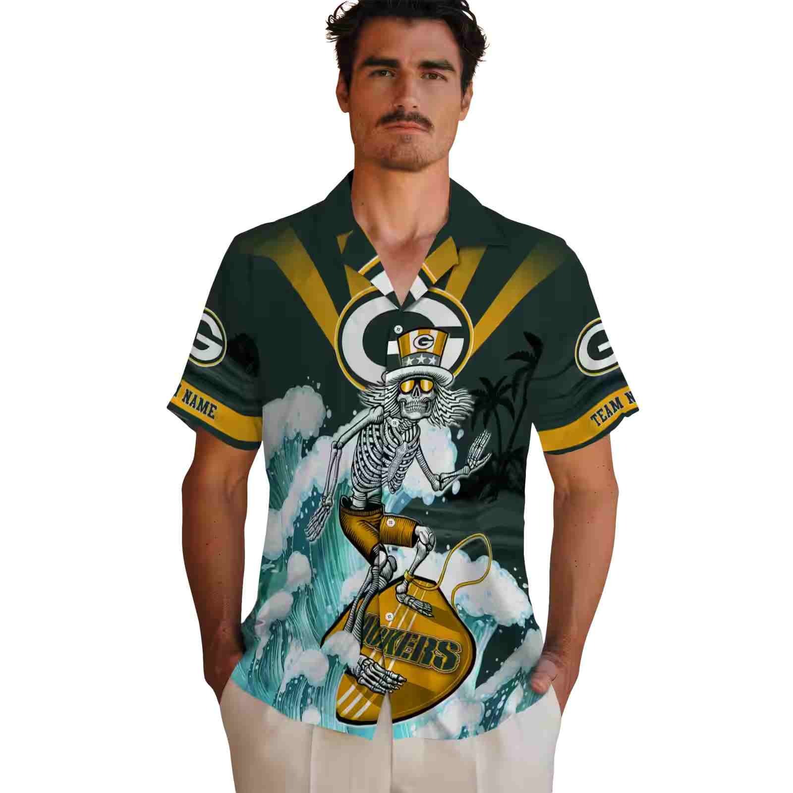 custom green bay packers surfing skeleton green blue hawaiian shirt fashion forward