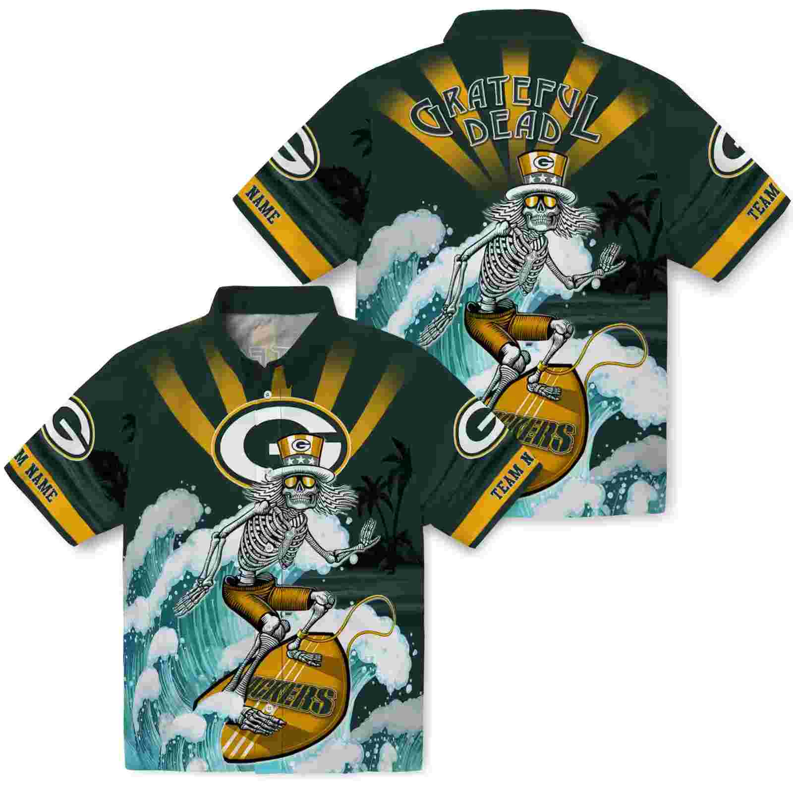 custom green bay packers surfing skeleton green blue hawaiian shirt high quality