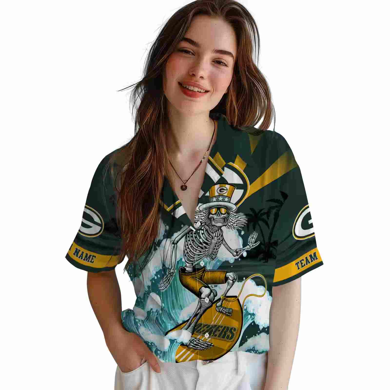 custom green bay packers surfing skeleton green blue hawaiian shirt latest model