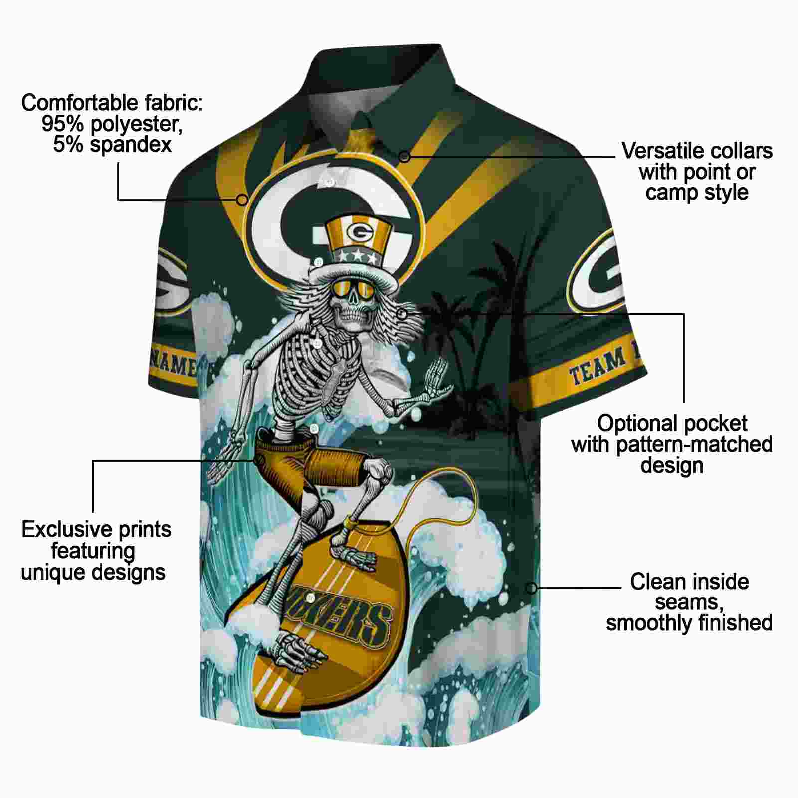 custom green bay packers surfing skeleton green blue hawaiian shirt new arrival