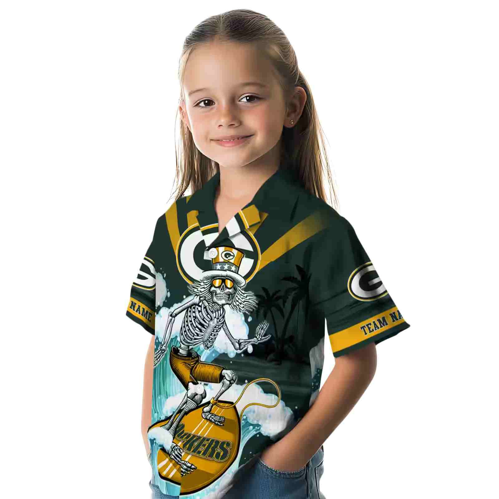 custom green bay packers surfing skeleton green blue hawaiian shirt premium grade