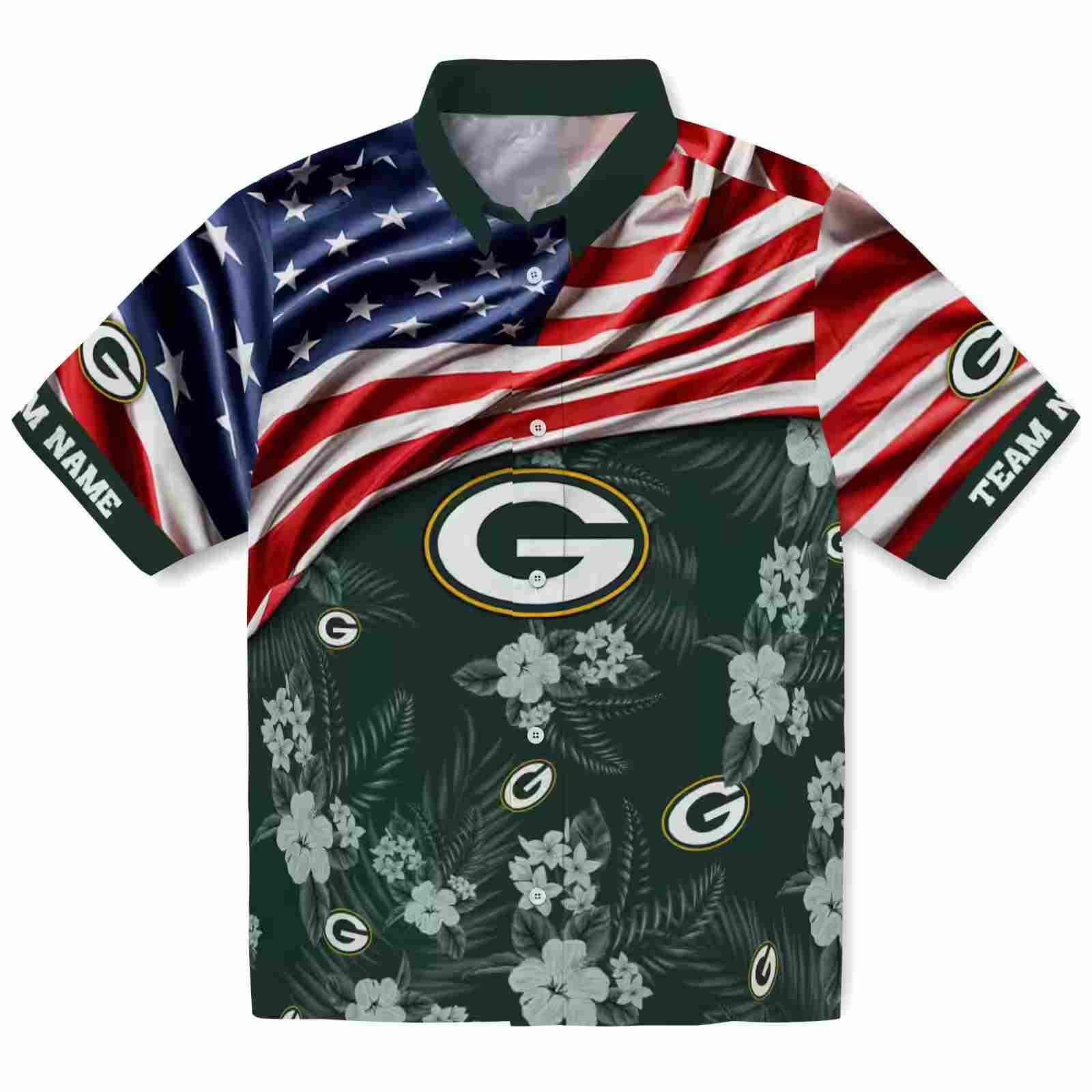 Custom Green Bay Packers US Flag Hibiscus Green Hawaiian Shirt