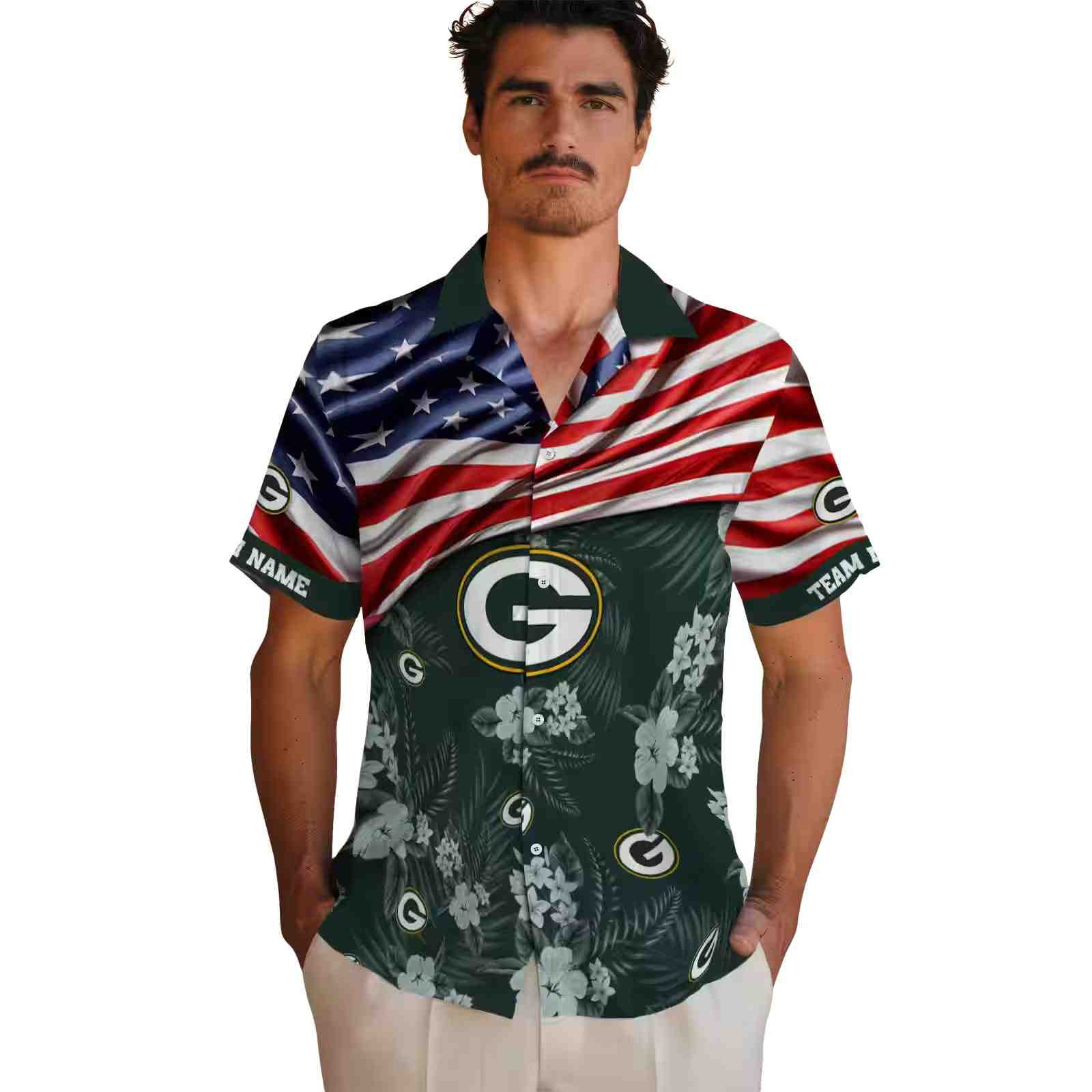 custom green bay packers us flag hibiscus green hawaiian shirt fashion forward