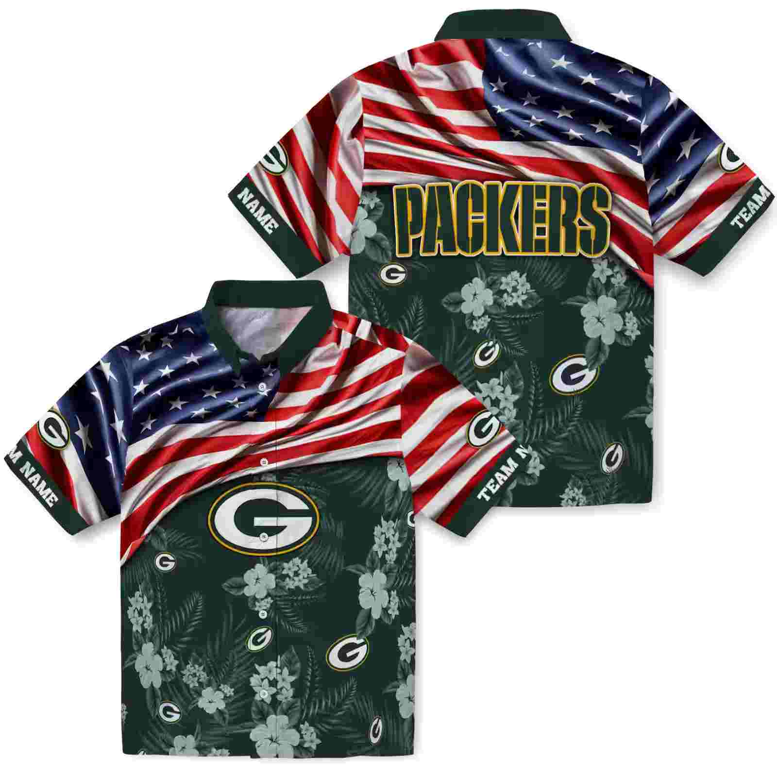 custom green bay packers us flag hibiscus green hawaiian shirt high quality