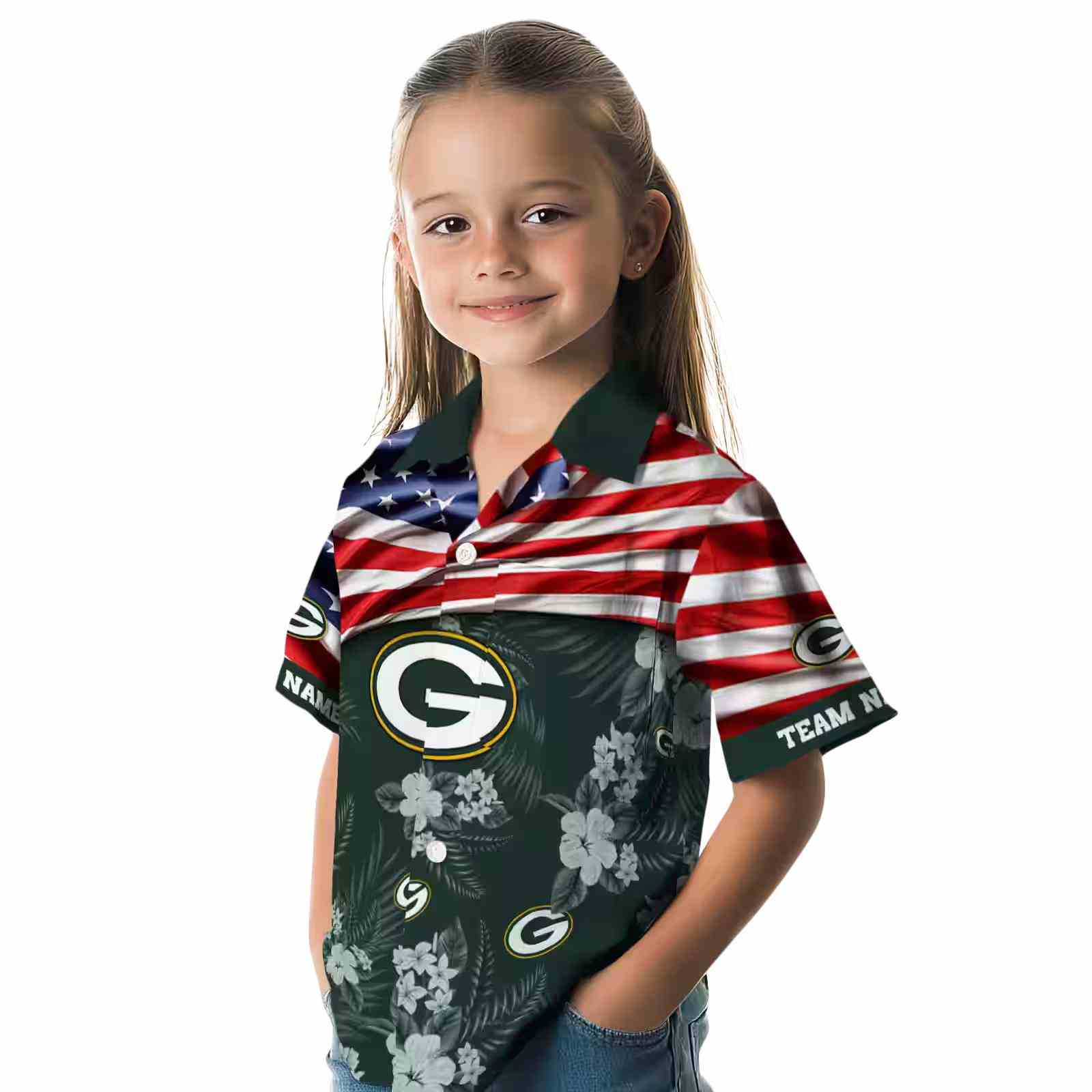 custom green bay packers us flag hibiscus green hawaiian shirt premium grade