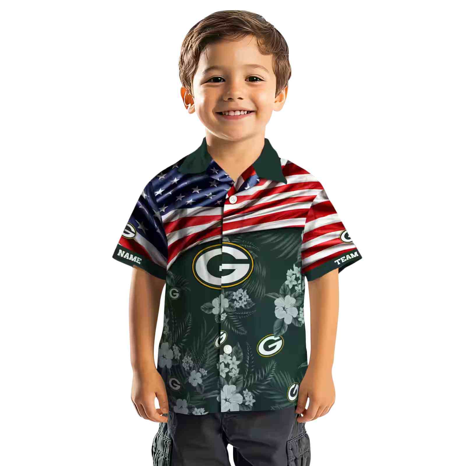 custom green bay packers us flag hibiscus green hawaiian shirt top rated