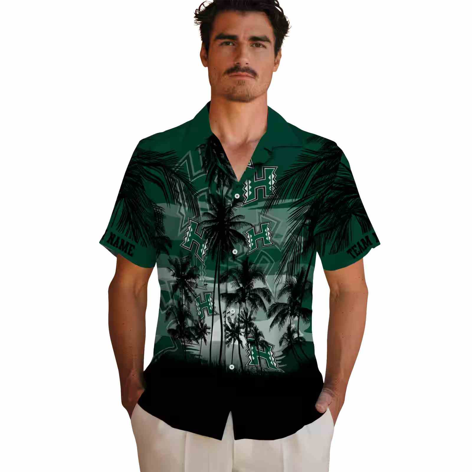 custom hawaii rainbow warriors sunset scene green black hawaiian shirt fashion forward