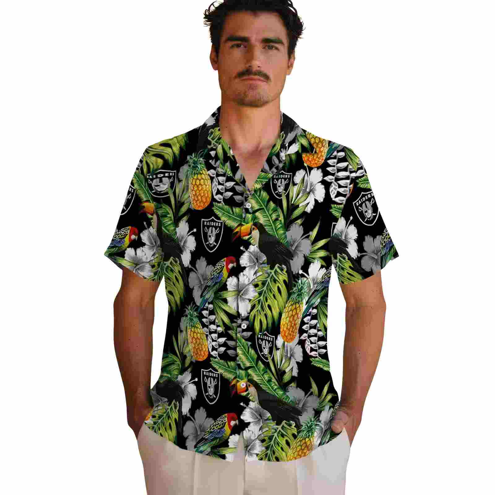 custom las vegas raiders tropical toucan black green hawaiian shirt fashion forward