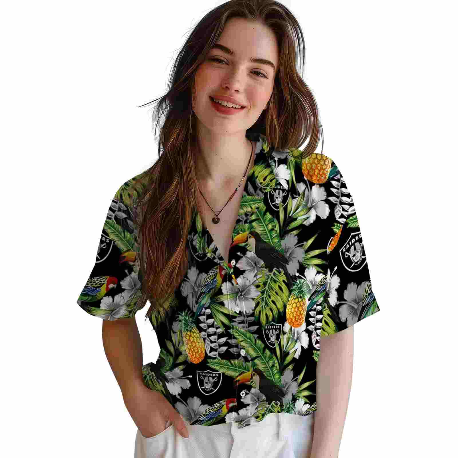 custom las vegas raiders tropical toucan black green hawaiian shirt latest model